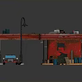 Red Roof Gas Station Building With Fuel Pumps Parked Car And Oil Drums