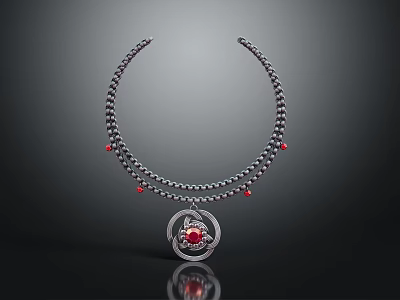Stylish Silver Necklace With Beaded Chain Red Beads And Round Red Gemstone Pendant 3d model