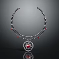 Stylish Silver Necklace With Beaded Chain Red Beads And Round Red Gemstone Pendant