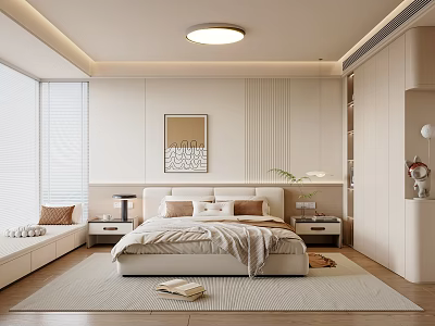 Modern Bedroom Interior With Comfortable Bed Nightstands Artwork Windows And Built-in Cabinets 3d model