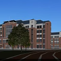 Red Brick Multi Story School Building With Green Lawn Trees And Open Plaza