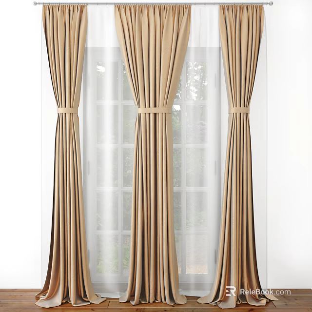Elegant Beige Floor Length Curtains With Sheer Inner Layer And Ribbon Ties 3d model 