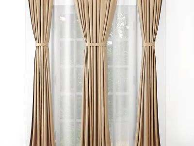Elegant Beige Floor Length Curtains With Sheer Inner Layer And Ribbon Ties 3d model