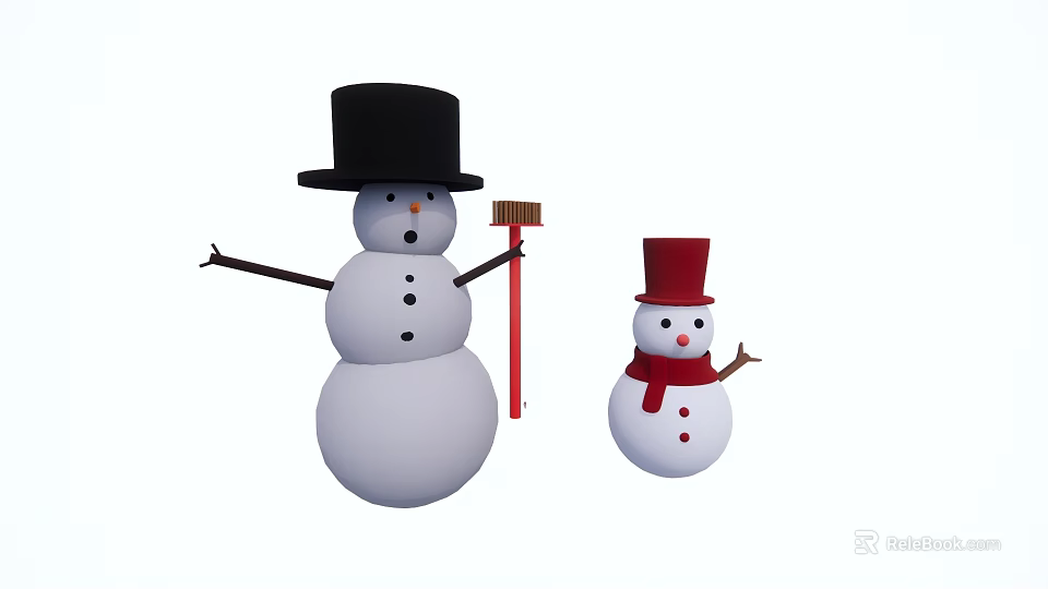 Large And Small Snowman Sculptures With Black Top Hat Red Broom And Red Small Hat 3d model 