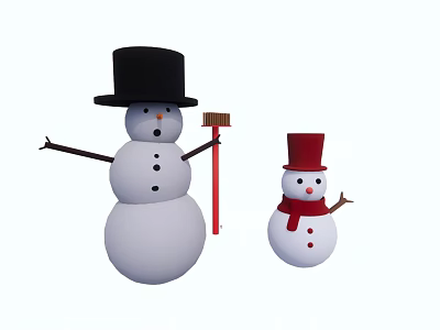 Large And Small Snowman Sculptures With Black Top Hat Red Broom And Red Small Hat 3d model