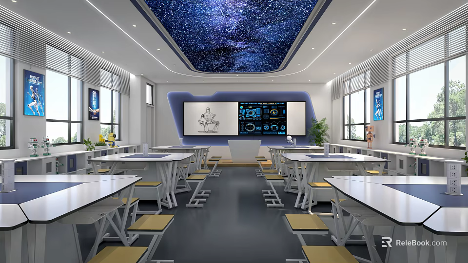 School Classroom Interior With Starry Sky Ceiling White Desks And Electronic Whiteboard 3d model 