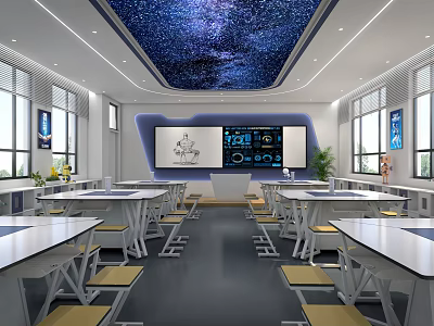 School Classroom Interior With Starry Sky Ceiling White Desks And Electronic Whiteboard 3d model