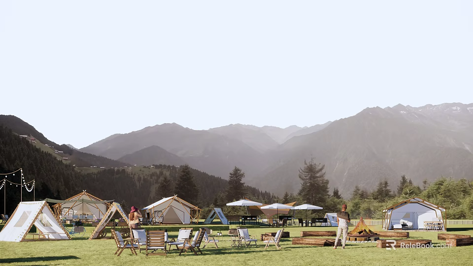 Scenic Mountain View Campsite With Tents Green Lawn And Outdoor Seats 3d model 