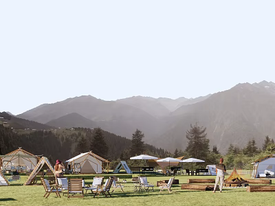 Scenic Mountain View Campsite With Tents Green Lawn And Outdoor Seats 3d model