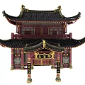 Cartoon Scenery Of Two Story Chinese Traditional Building With Curved Eaves And Golden Decorations