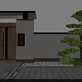 Modern Entrance Gate Design With Wooden Door Gray Walls Pine Tree And Stone Paving