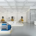 Modern Exhibition Hall Showcasing Yellow And Blue Industrial Pumps On White Platforms