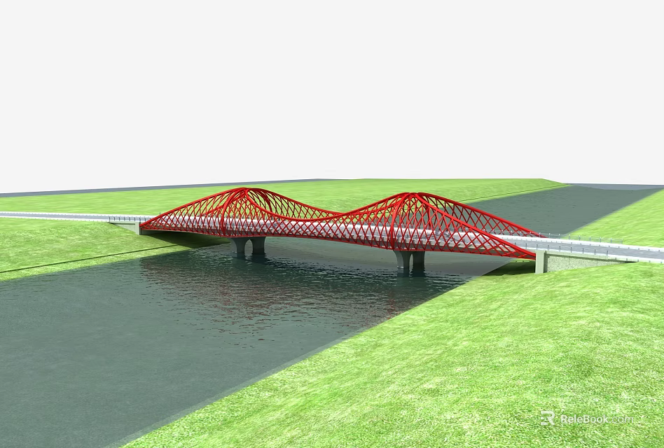 Red Truss Bridge Design Spanning Water With Green Grass Surroundings 3d model