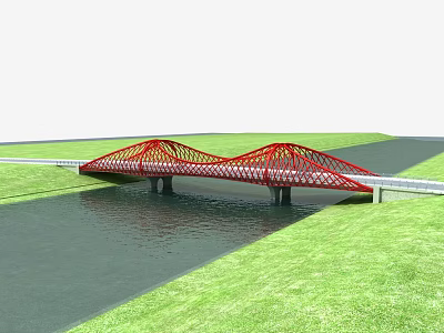Red Truss Bridge Design Spanning Water With Green Grass Surroundings 3d model