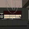 Modern Kitchen Interior With Green Cabinets Red Backsplash And Circular Pendant Lights 3d model
