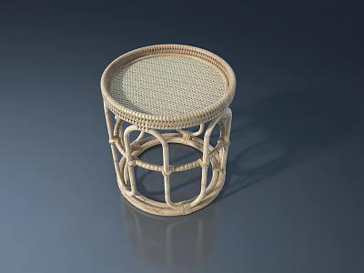 Natural Rattan Round Stool With Woven Top And Intricate Frame Design 3d model
