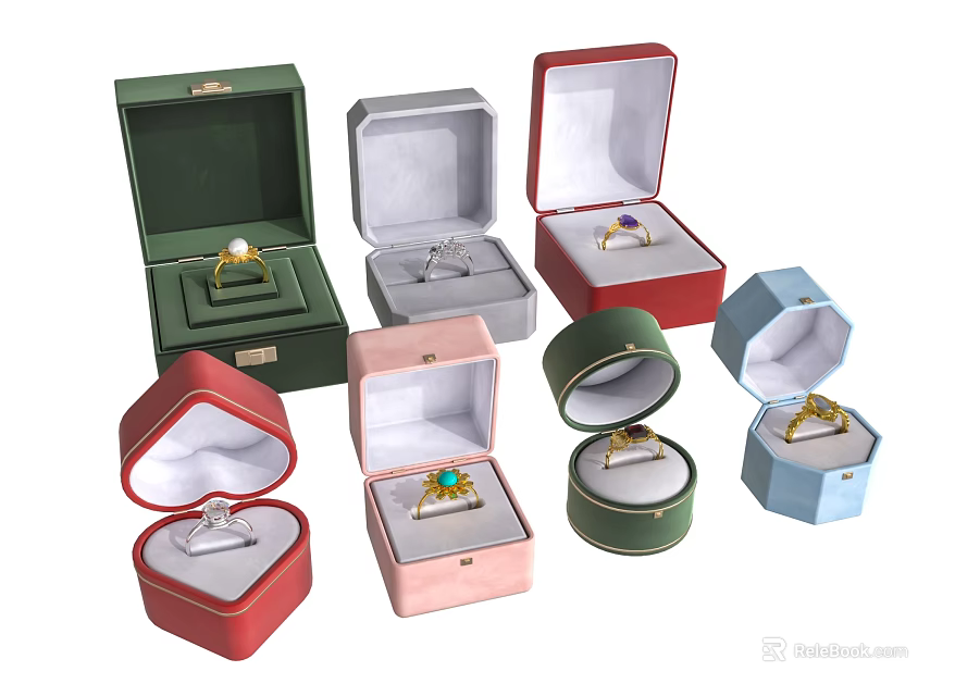 Open Jewelry Boxes With Rings In Various Colors And Designs 3d model 