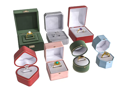 Open Jewelry Boxes With Rings In Various Colors And Designs 3d model