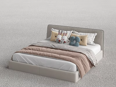 Modern Double Bed with Gray Headboard White Pink Bedding Decorative Pillows and Blue Plush Toy 3d model