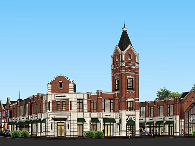 Charming Commercial Street With Red Brick Buildings Clock Tower Storefronts Awnings Greenery And Pedestrians 3d model