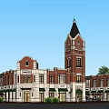 Charming Commercial Street With Red Brick Buildings Clock Tower Storefronts Awnings Greenery And Pedestrians