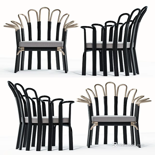 Elegant Modern Black Woven Dining Chairs With Rattan Backrest And Cushioned Seat Design 3d model 