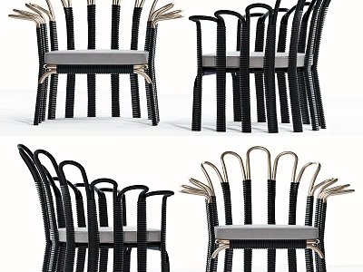 Elegant Modern Black Woven Dining Chairs With Rattan Backrest And Cushioned Seat Design 3d model