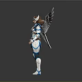 Winged Fantasy Warrior In Blue White Armor With Large White Wings Standing