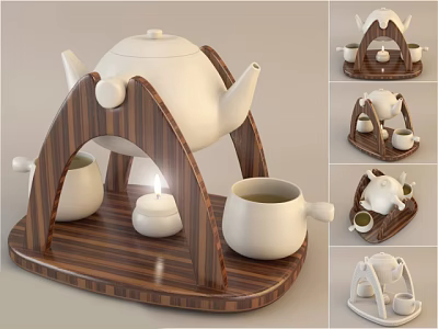Minimalist White Ceramic Tea Set with Wooden Stand Teapot Teacups and Candle Warmer 3d model