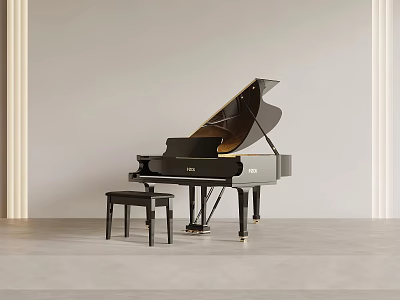 Black Grand Piano With Matching Stool In Minimalist White Wall And Gray Floor 3d model