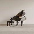 Black Grand Piano With Matching Stool In Minimalist White Wall And Gray Floor