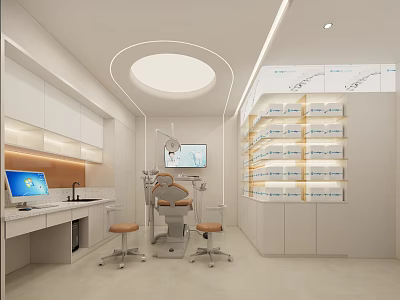 Modern Dental Clinic Interior With Dental Chair Monitor Workstation And Medicine Shelves 3d model