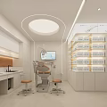 Modern Dental Clinic Interior With Dental Chair Monitor Workstation And Medicine Shelves