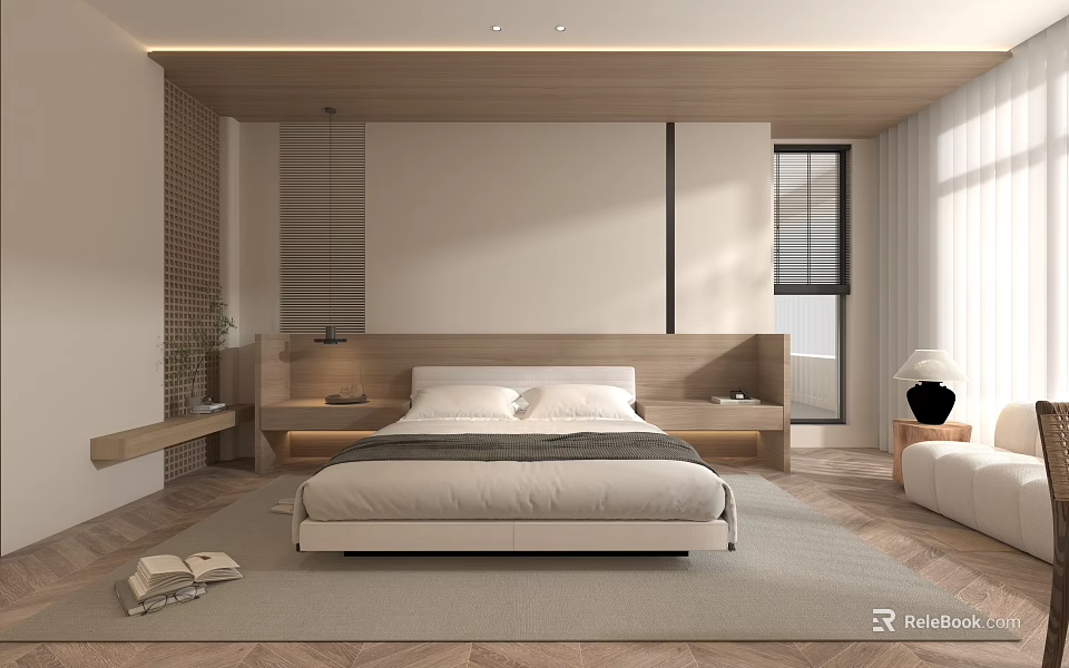 Modern Minimalist Bedroom Interior Design With Wooden Headboard Cozy Rug And Natural Light 3d model 