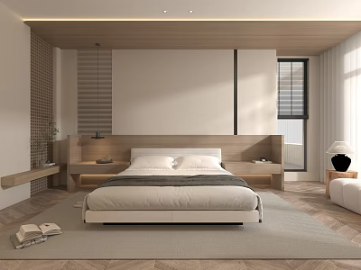 Modern Minimalist Bedroom Interior Design With Wooden Headboard Cozy Rug And Natural Light 3d model