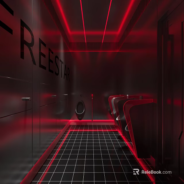 Modern Public Restroom Interior With Red Lighting And Metallic Fixtures 3d model 