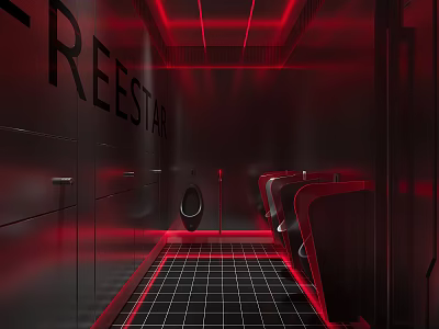 Modern Public Restroom Interior With Red Lighting And Metallic Fixtures 3d model