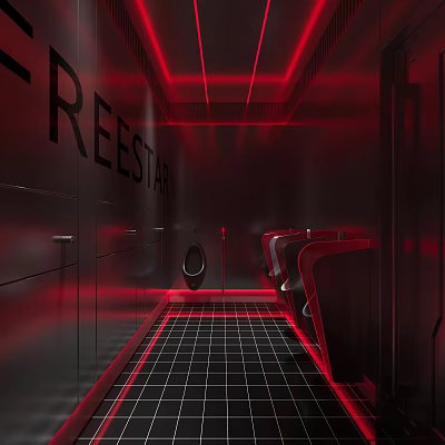 Modern Public Restroom Interior With Red Lighting And Metallic Fixtures 3d model