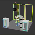 Modern Display Cabinets and Shelves with Yellow Frames and Round Table in Exhibition Area