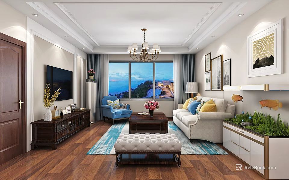 Elegant Living Dining Room Interior With Chandelier Large Windows Sea View And Decorative Paintings 3d model 