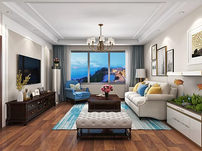 Elegant Living Dining Room Interior With Chandelier Large Windows Sea View And Decorative Paintings 3d model