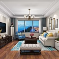 Elegant Living Dining Room Interior With Chandelier Large Windows Sea View And Decorative Paintings