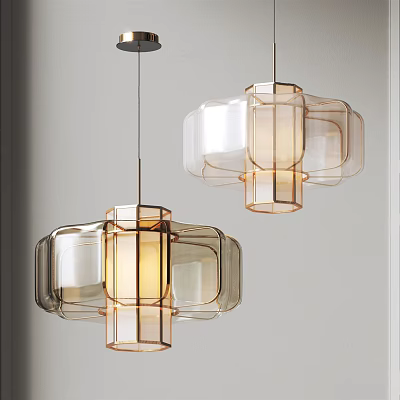 Modern Geometric Pendant Lights With Transparent Glass Shades And Gold Metal Frames Emitting Warm Light 3d model