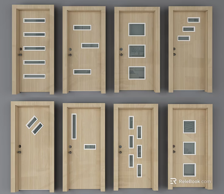 Modern Wooden Hinged Doors With Various Rectangular Glass Panel Designs And Styles 3d model
