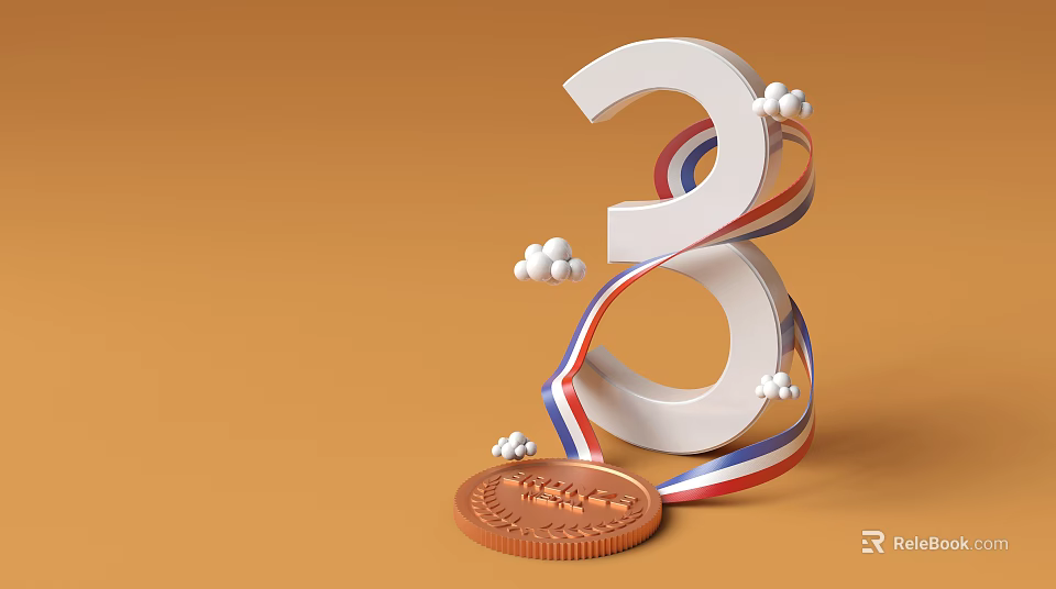 White Number 3 With Red Blue Ribbon And Copper Medal On Orange Background 3d model 