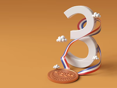 White Number 3 With Red Blue Ribbon And Copper Medal On Orange Background 3d model