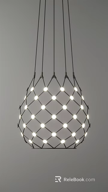 Modern Round Chandelier Featuring Black Metal Mesh Design and Small White Lights 3d model 