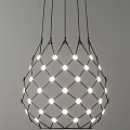Modern Round Chandelier Featuring Black Metal Mesh Design and Small White Lights