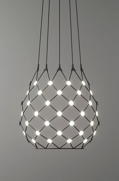 Modern Round Chandelier Featuring Black Metal Mesh Design and Small White Lights 3d model