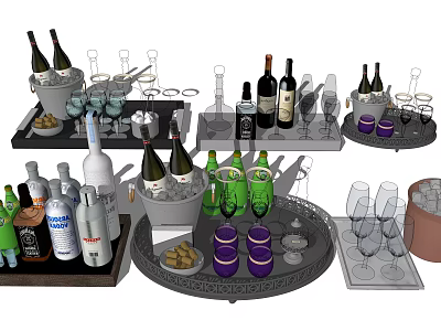 Assorted Wine Bottles And Glasses Arranged On Trays With Ice Buckets And Accessories 3d model